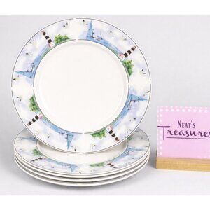 Thomson Pottery LIGHTHOUSE Birds Boats Coastal Stoneware Dinner Plates Set of 4